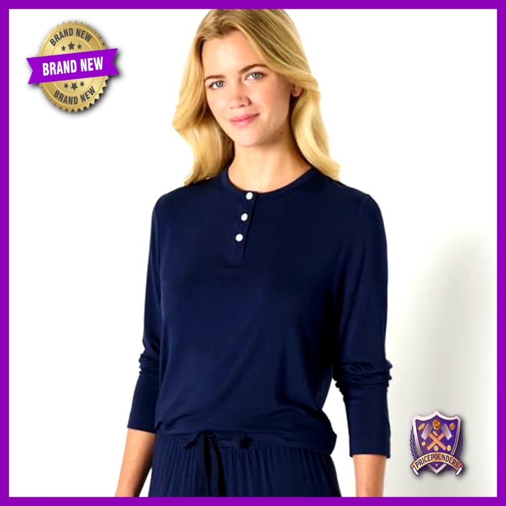 Women's Long Sleeve Henley Pajama Set Modal Jersey Large Relaxed Fit - Picture 3 of 7